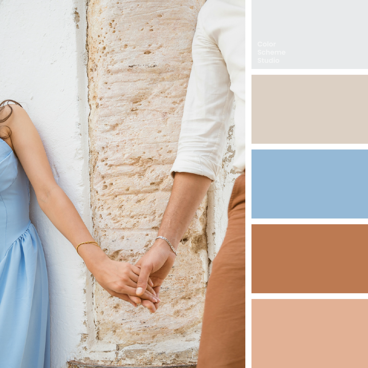 Spring soft color palette: photograph and five colors — Linen White, Sandstone Veil, Vow Blue, Terracotta Thread, Apricot Silk